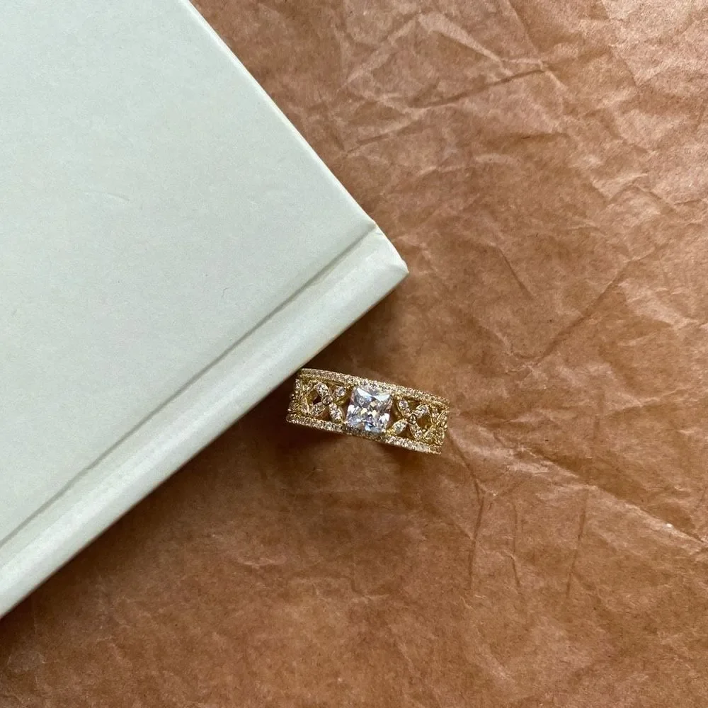 18K Gold Plated Princess Cut Cross Pave Band Ring